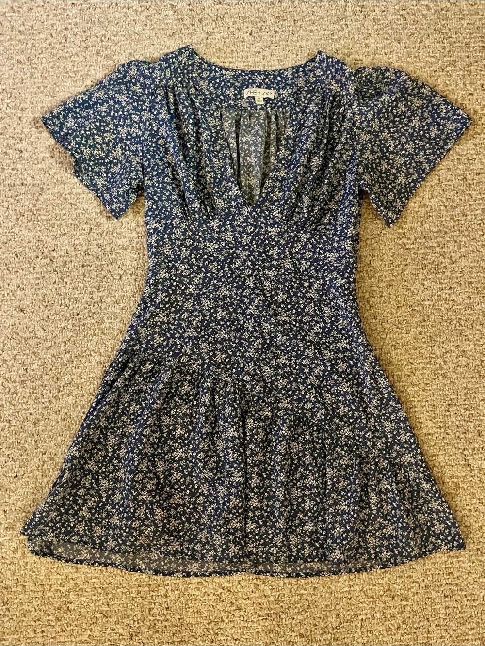 She + Sky Navy Blue Floral V-Neck Mini Dress